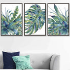 Set of 3 Blue Green Watercolour Tropical Leaves Wall Art Prints