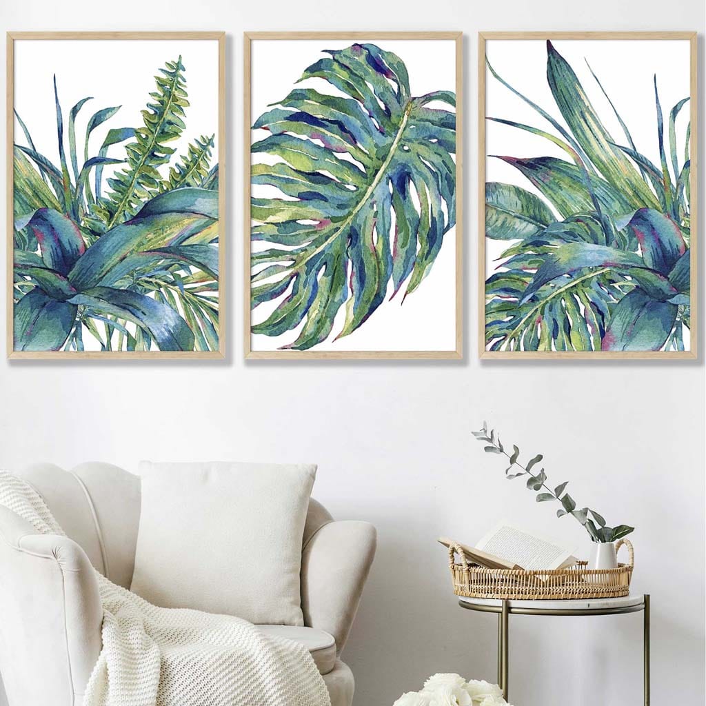 Set of 3 Blue Green Watercolour Tropical Leaves Wall Art Prints