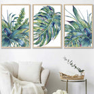 Set of 3 Blue Green Watercolour Tropical Leaves Wall Art Prints