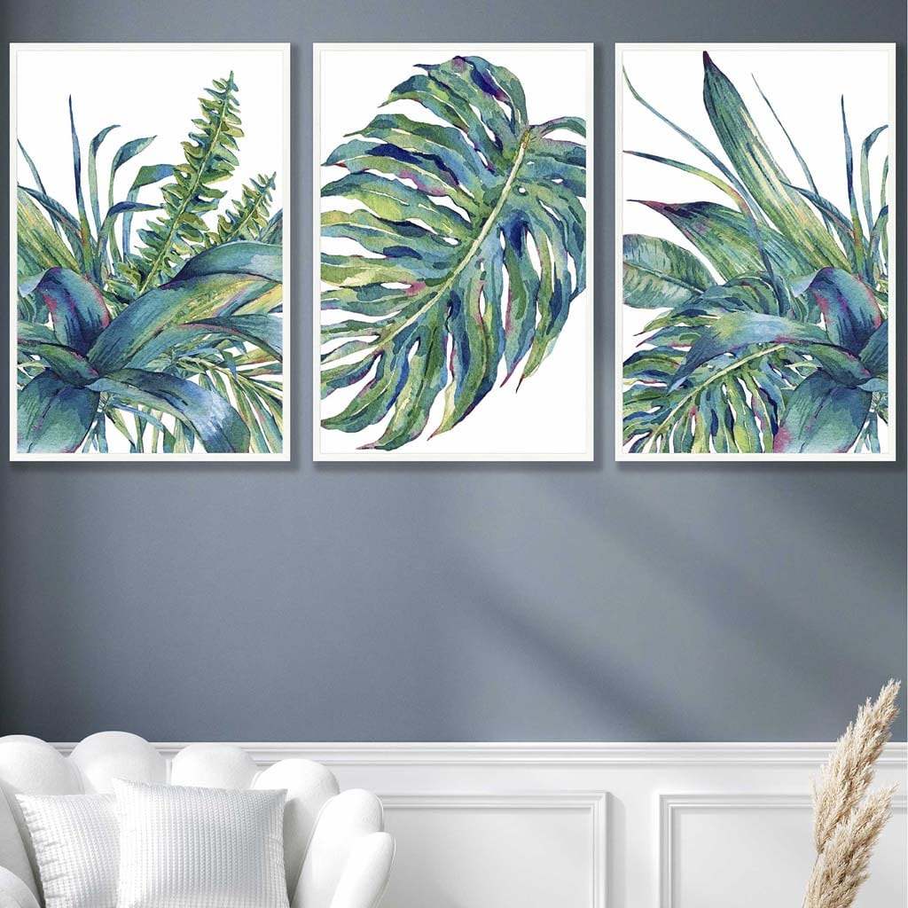 Set of 3 Blue Green Watercolour Tropical Leaves Wall Art Prints