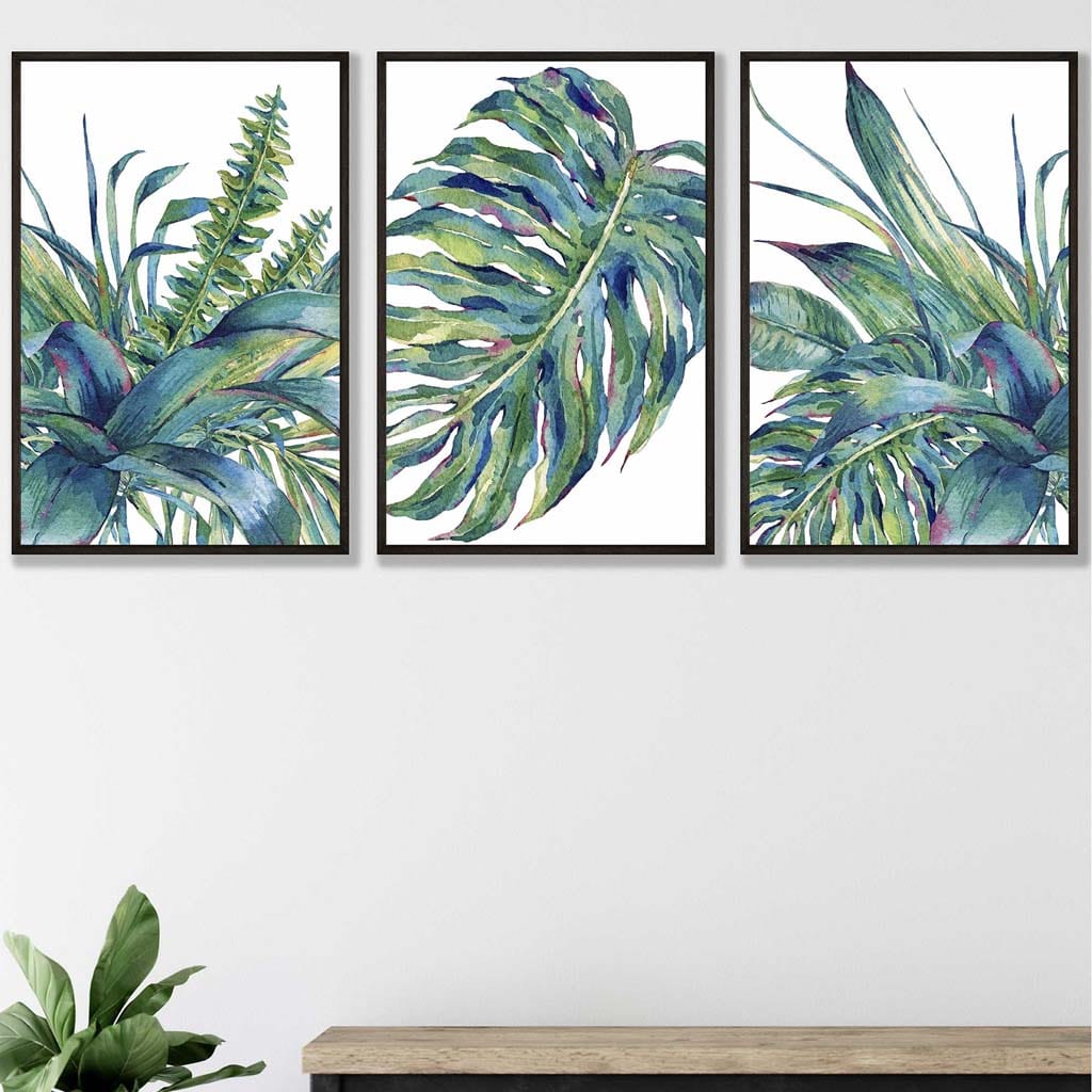 Set of 3 Blue Green Watercolour Tropical Leaves Wall Art Prints