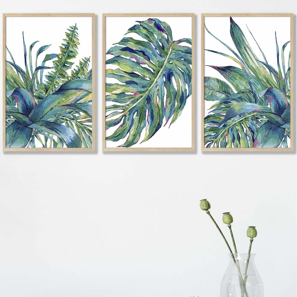 Set of 3 Blue Green Watercolour Tropical Leaves Wall Art Prints