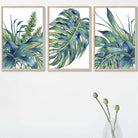 Set of 3 Blue Green Watercolour Tropical Leaves Wall Art Prints