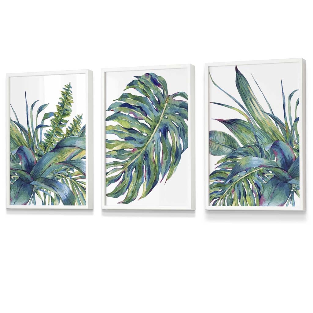 Set of 3 Watercolour Green Blue Tropical Leaves Wall Art Framed Prints | Artze Wall Art UK