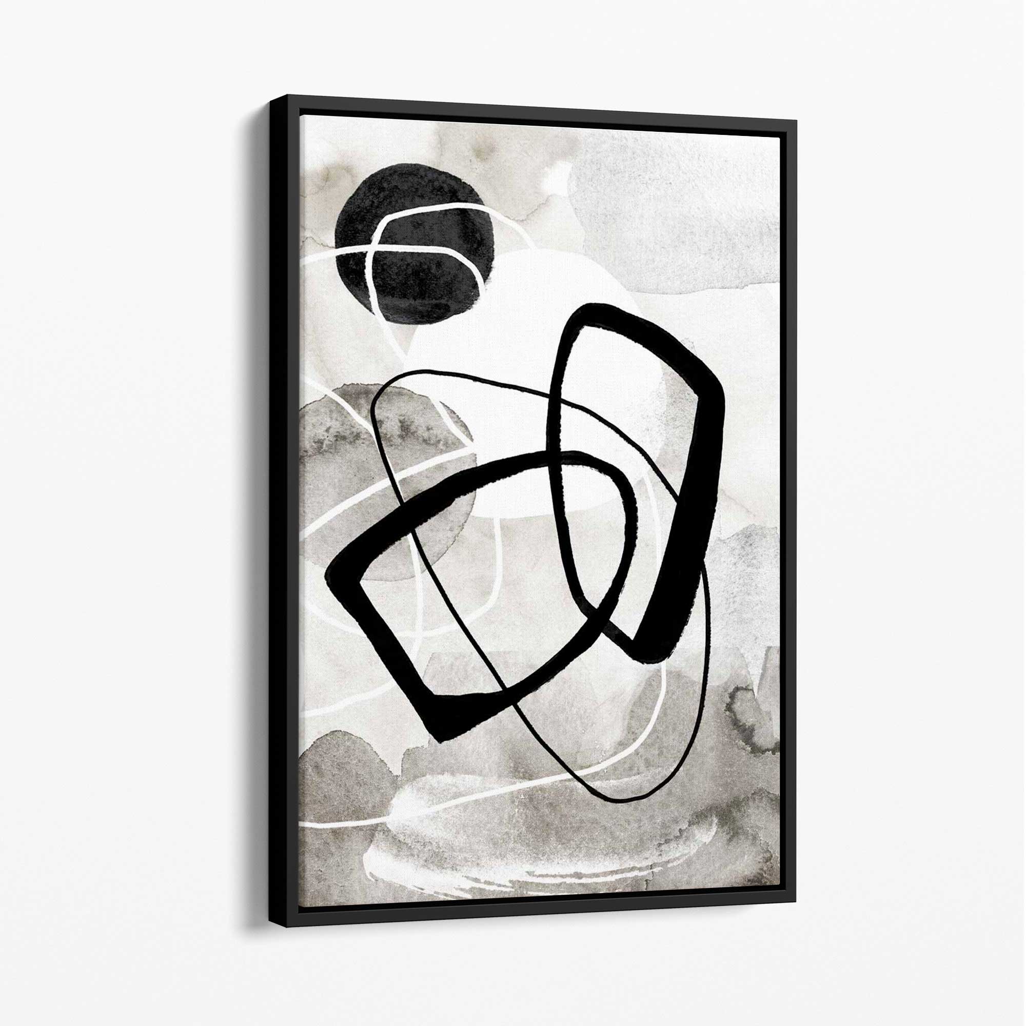 Abstract Black and Grey Shapes No 2 Canvas Art Print with Black Float Frame