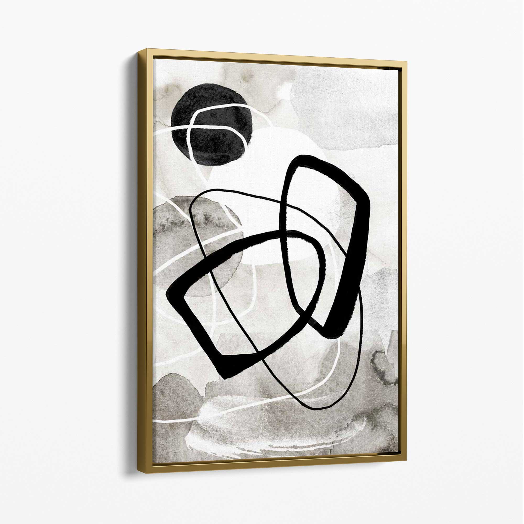 Abstract Black and Grey Shapes No 2 Canvas Art Print with Gold Float Frame