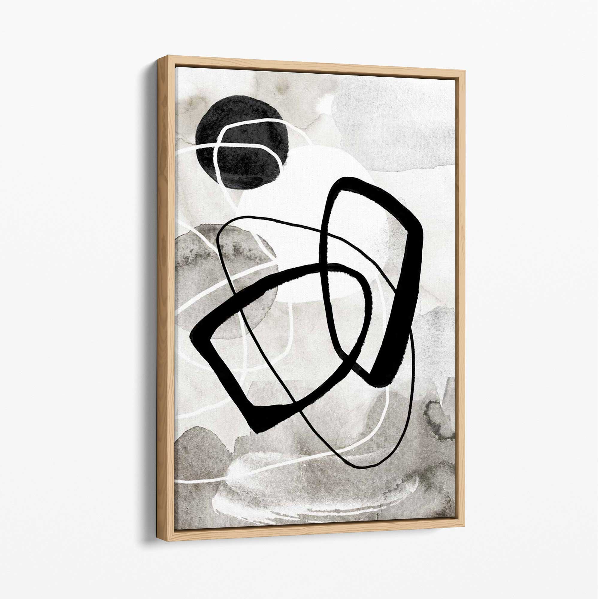 Abstract Black and Grey Shapes No 2 Canvas Art Print with Oak Float Frame