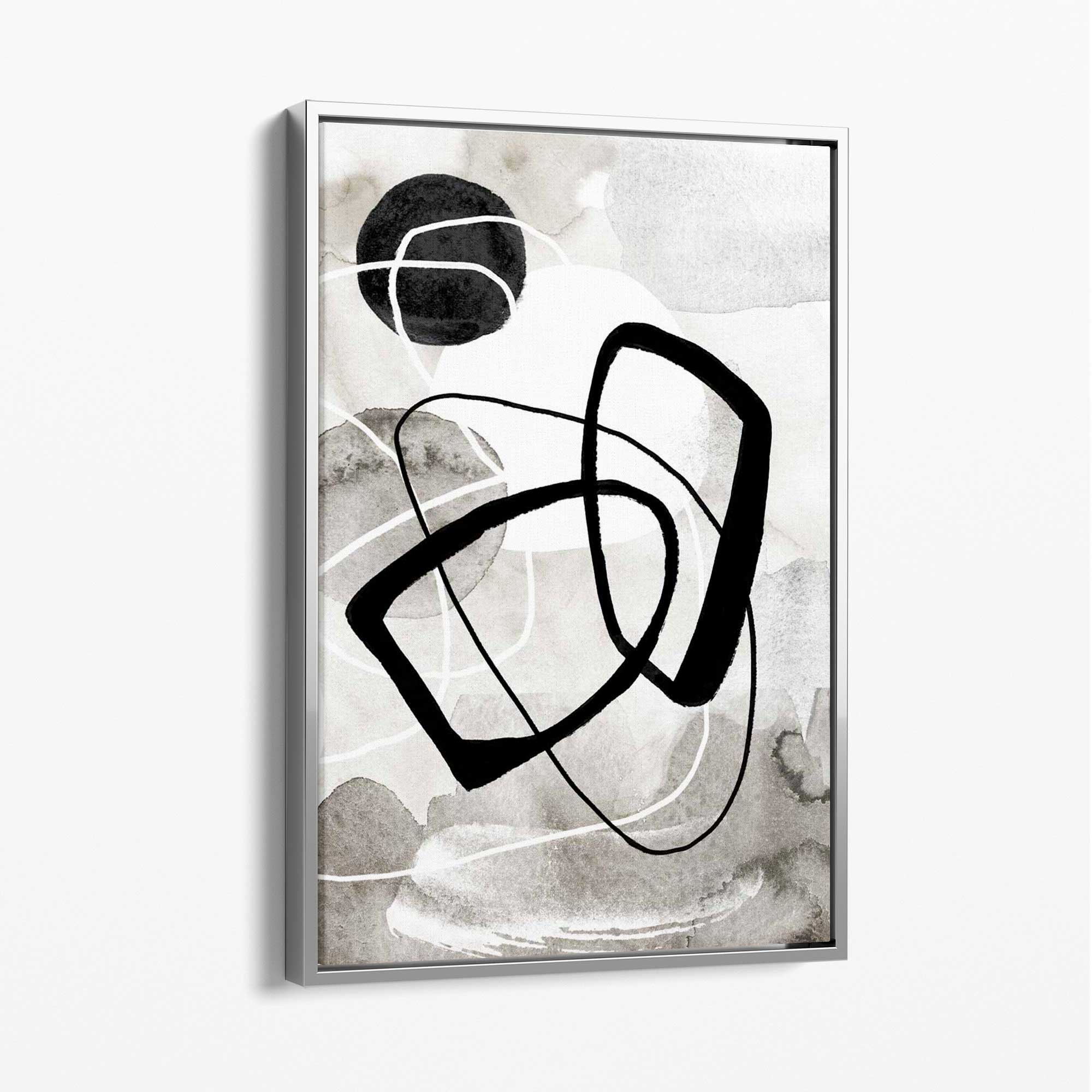 Abstract Black and Grey Shapes No 2 Canvas Art Print with Silver Float Frame