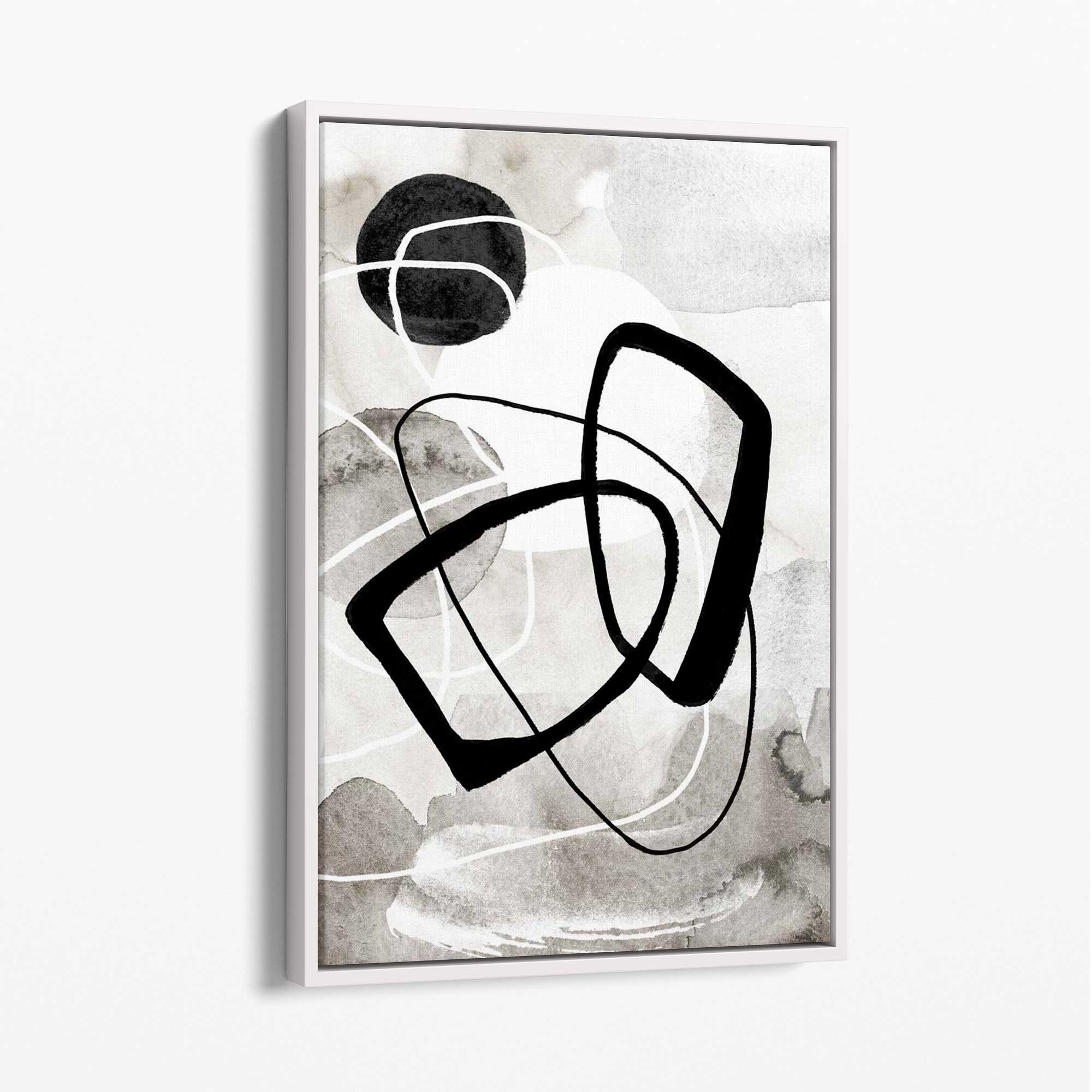 Abstract Black and Grey Shapes No 2 Canvas Art Print with White Float Frame