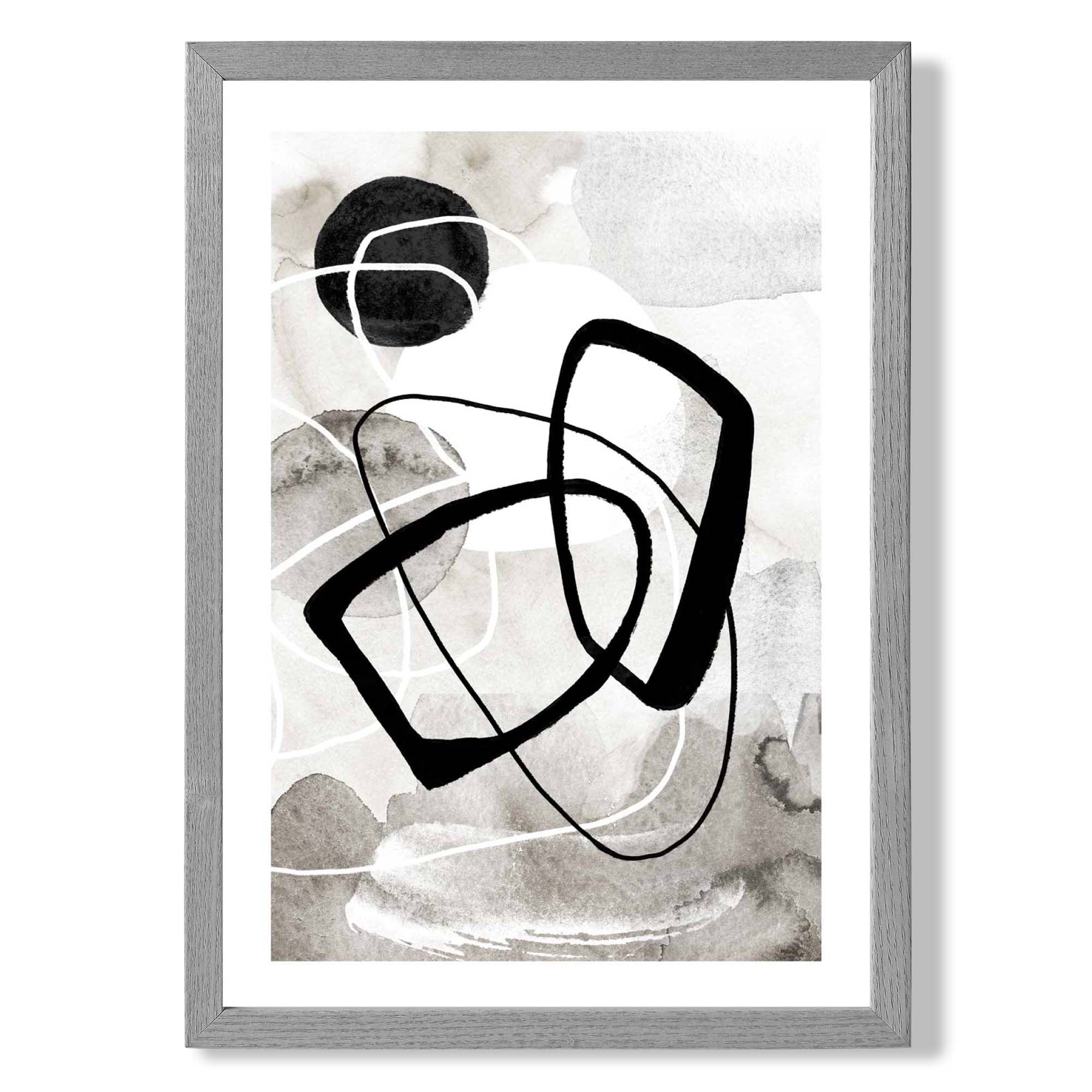 Abstract Black and Grey Shapes No 2 print in Light Grey Wooden Frame