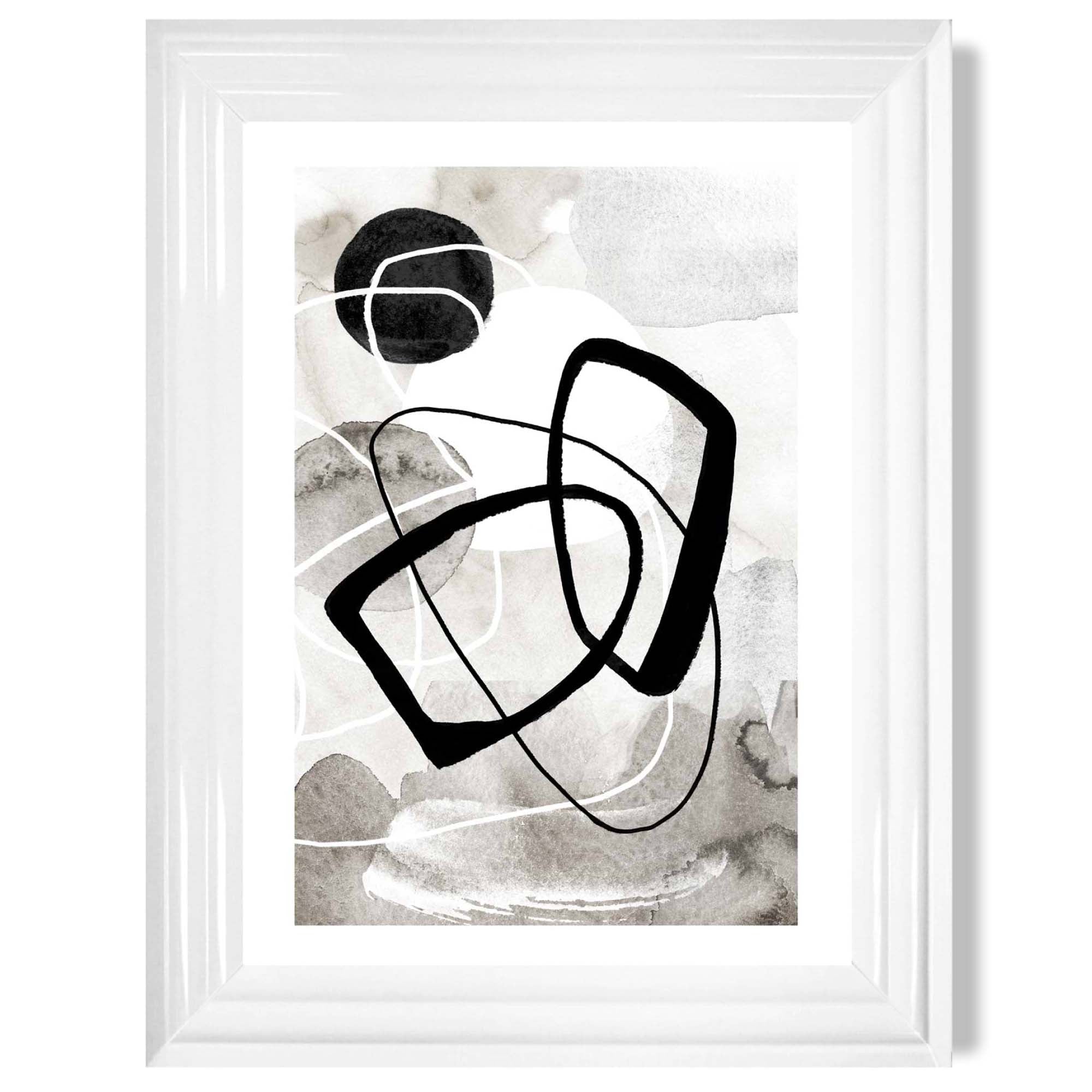 Abstract Black and Grey Shapes No 2 print in White Glossy Frame