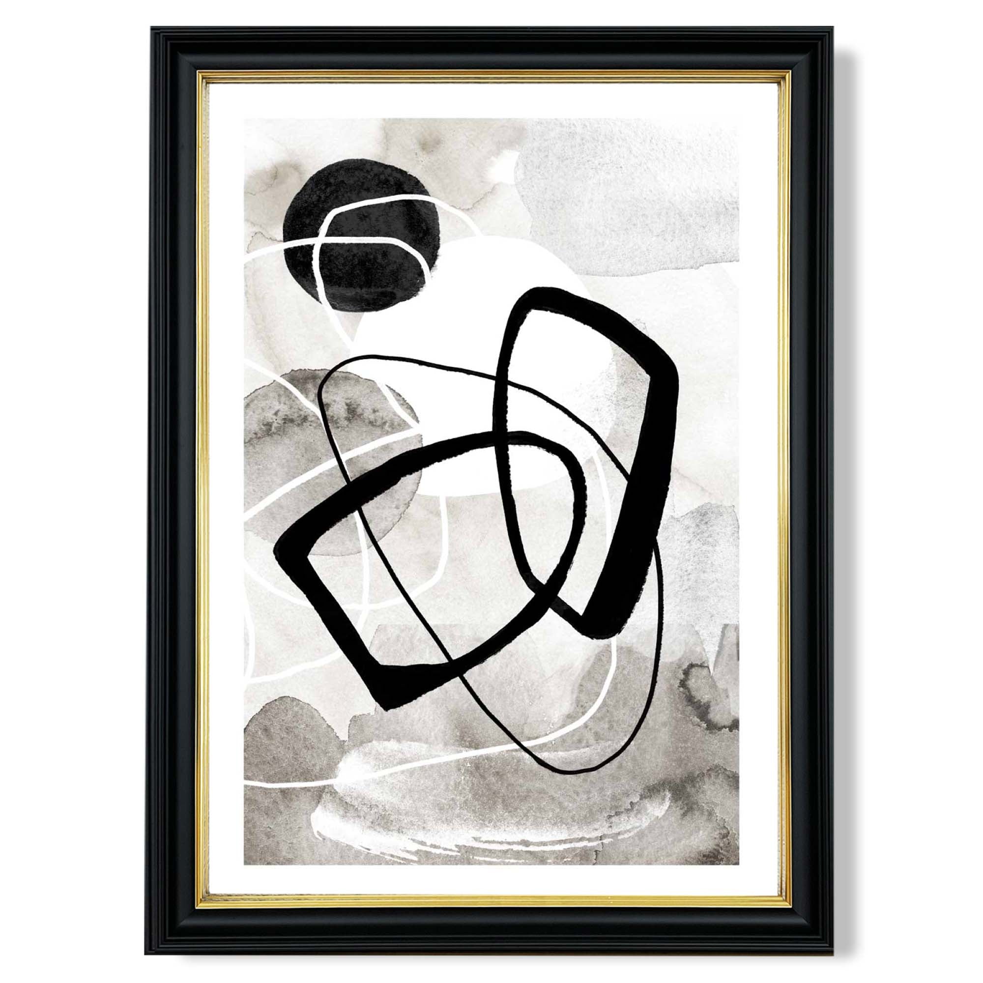 Abstract Black and Grey Shapes No 2 print in Black and Gold Frame