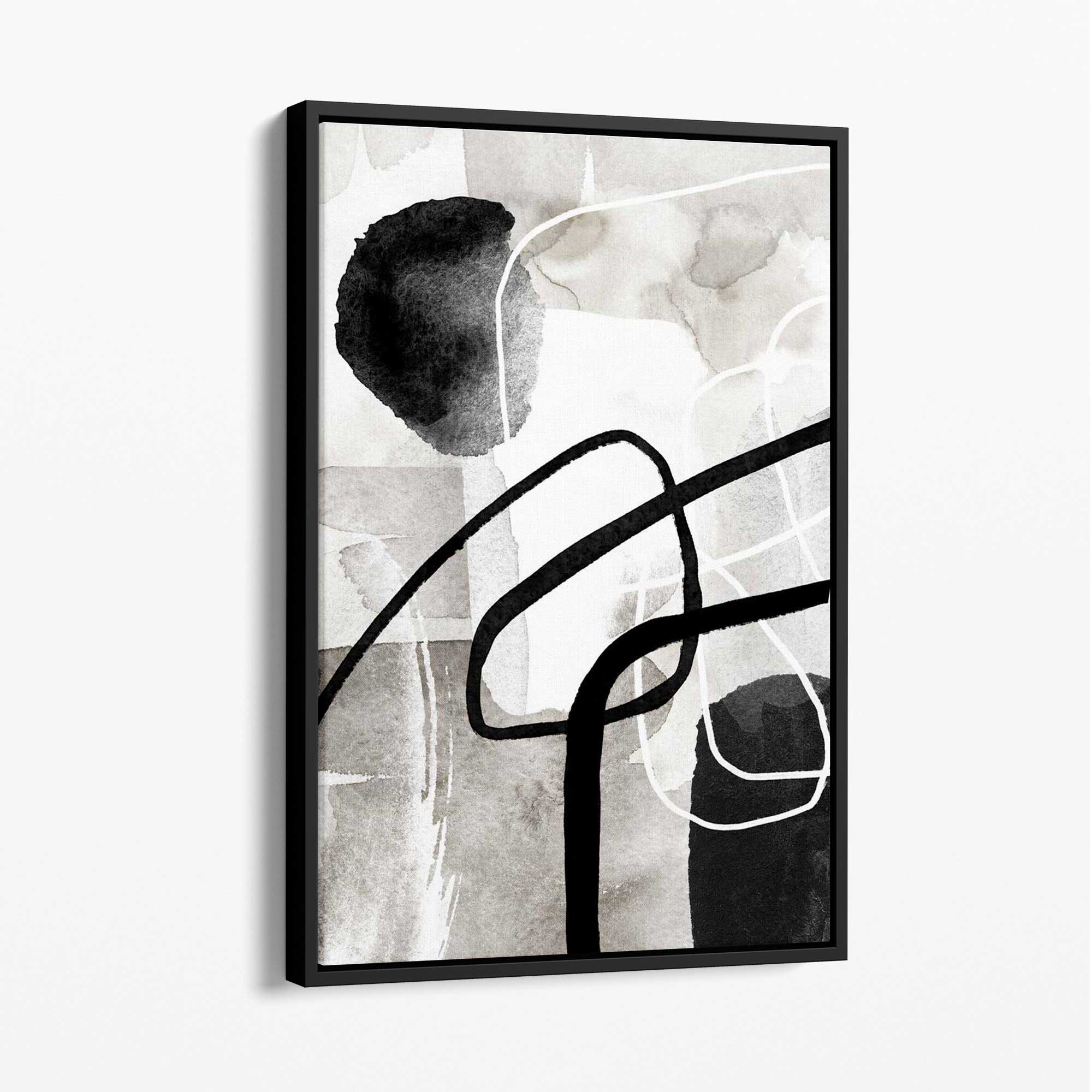 Abstract Black and Grey Shapes No 3 Canvas Art Print with Black Float Frame