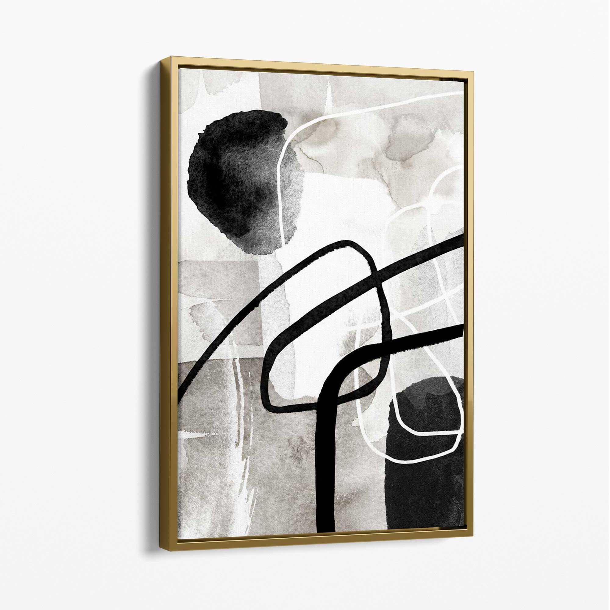 Abstract Black and Grey Shapes No 3 Canvas Art Print with Gold Float Frame