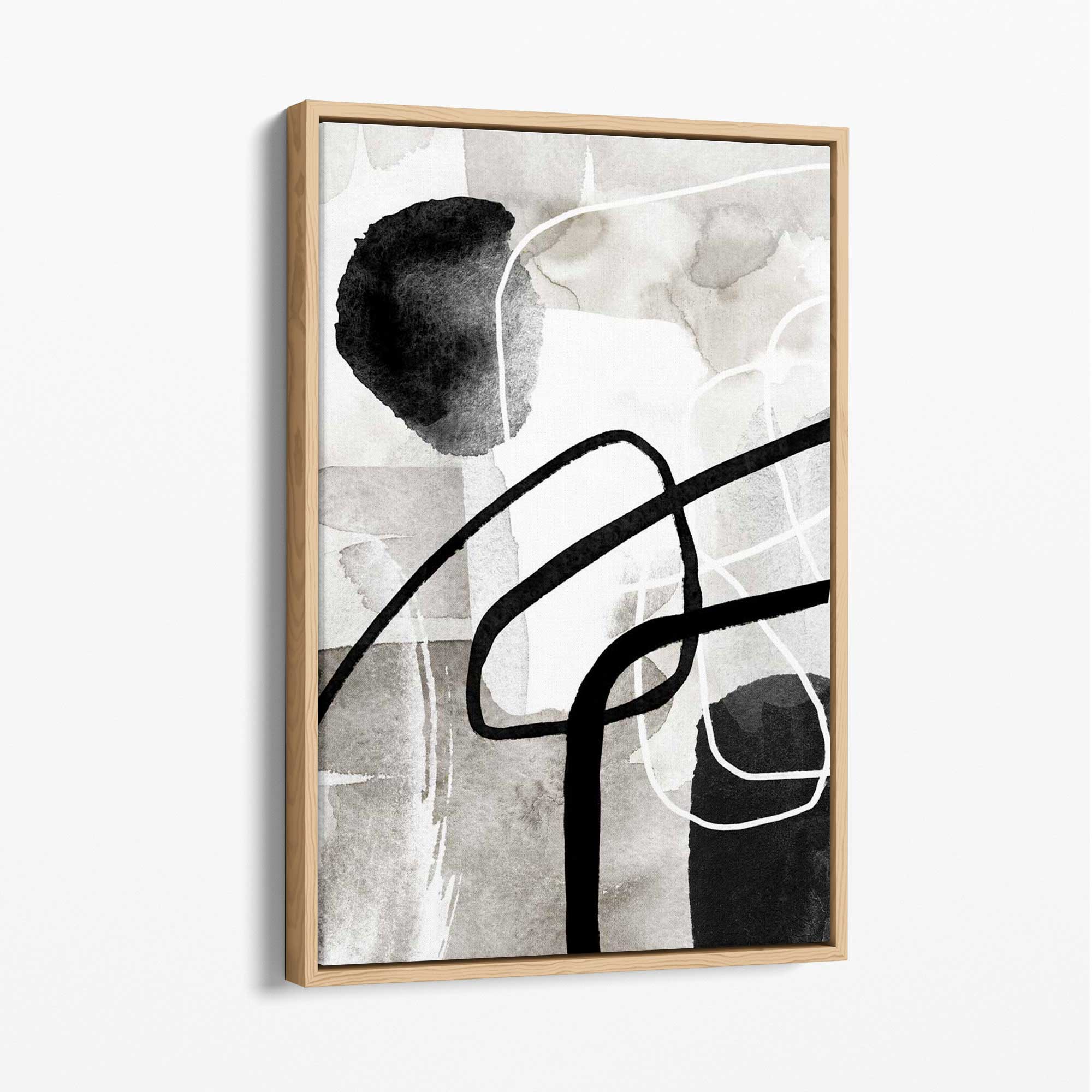 Abstract Black and Grey Shapes No 3 Canvas Art Print with Oak Float Frame
