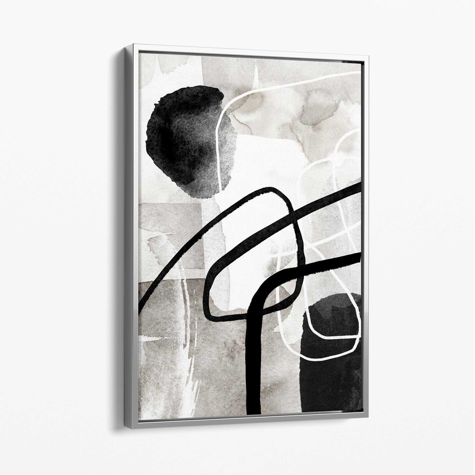Abstract Black and Grey Shapes No 3 Canvas Art Print with Silver Float Frame