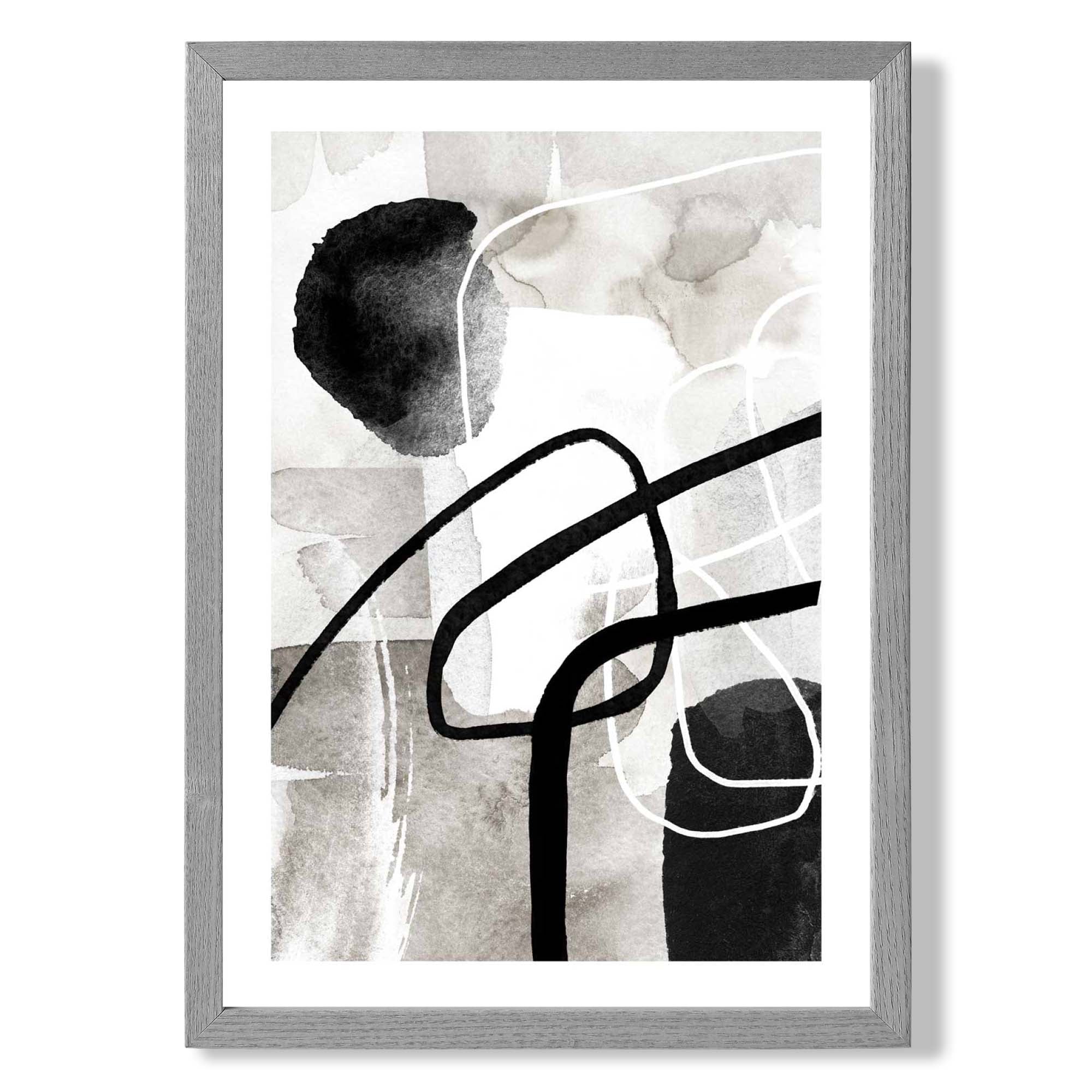 Abstract Black and Grey Shapes No 3 print in Light Grey Wooden Frame