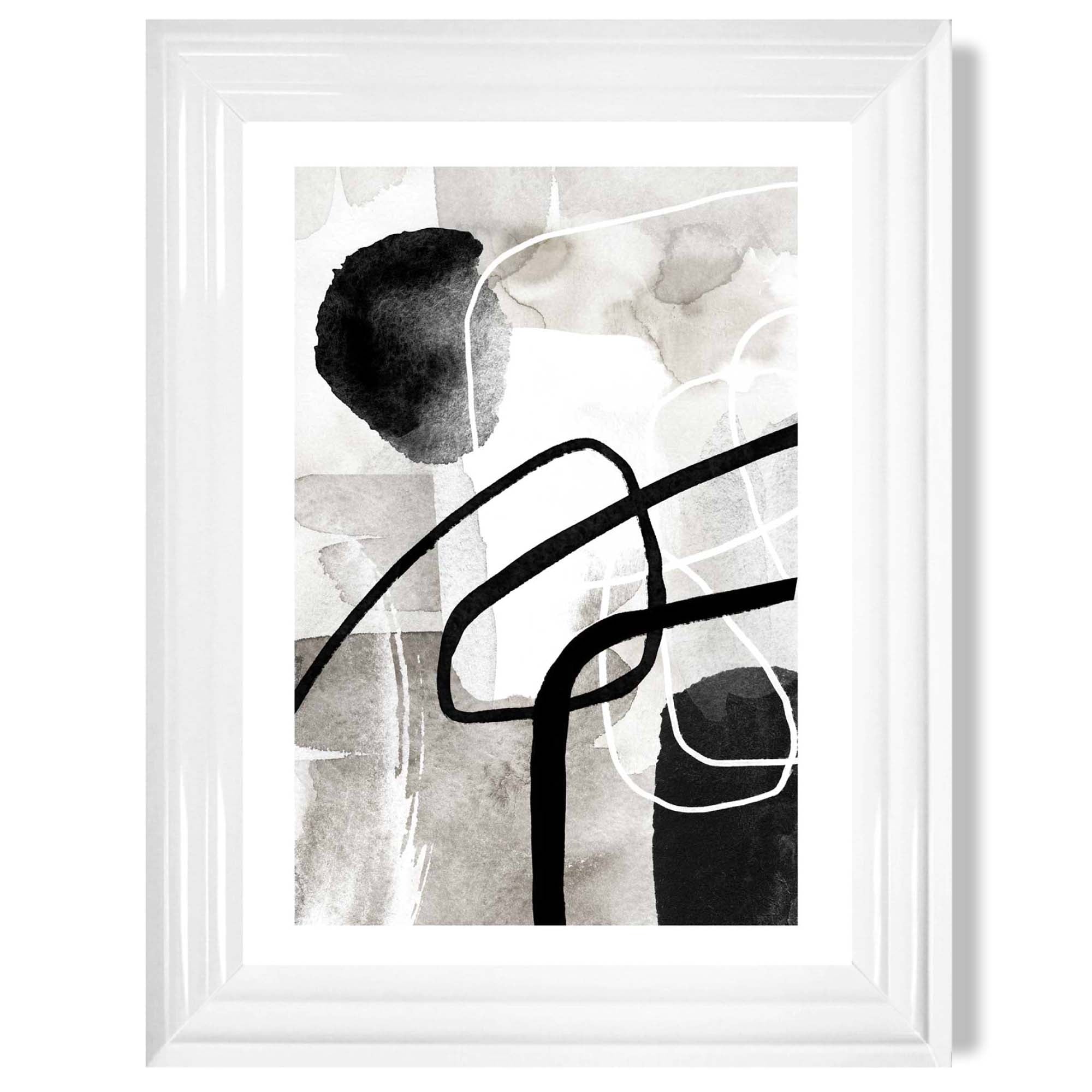 Abstract Black and Grey Shapes No 3 print in White Glossy Frame