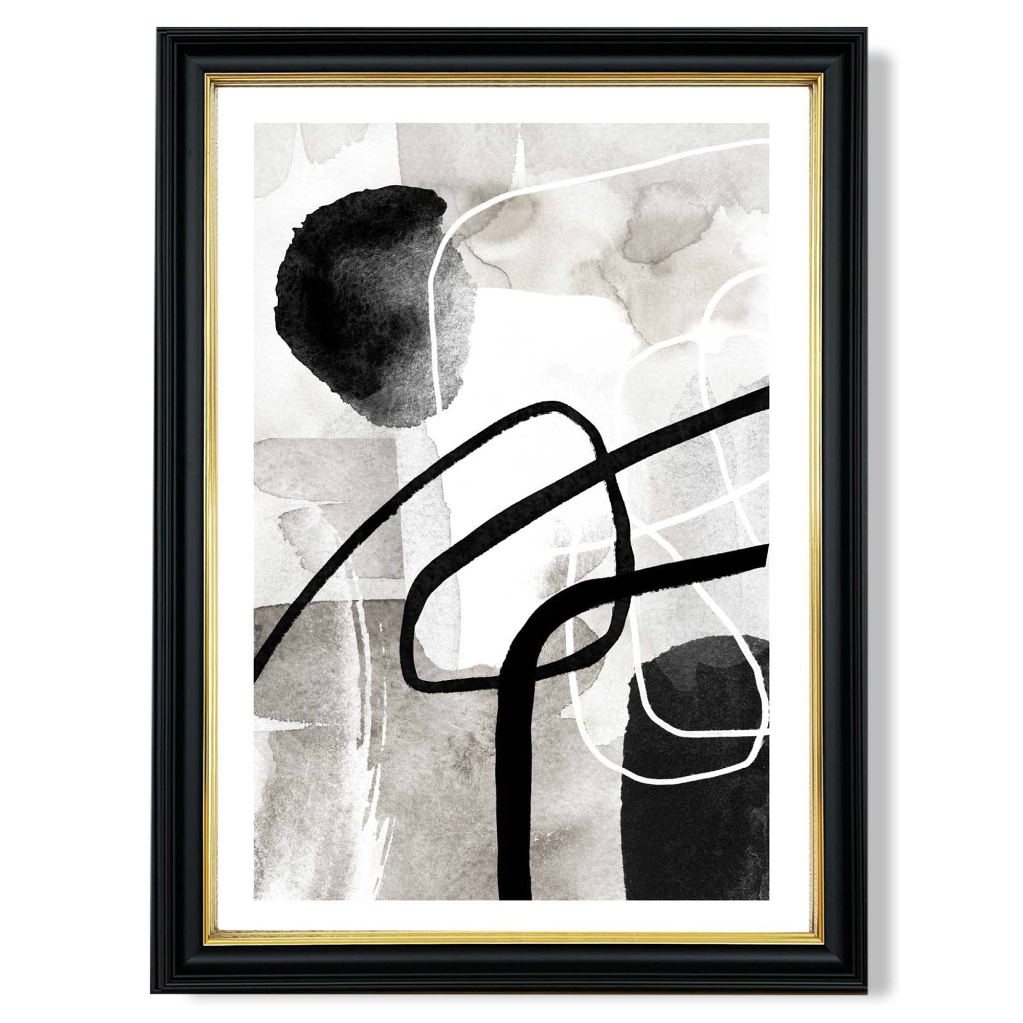 Abstract Black and Grey Shapes No 3 print in Black and Gold Frame