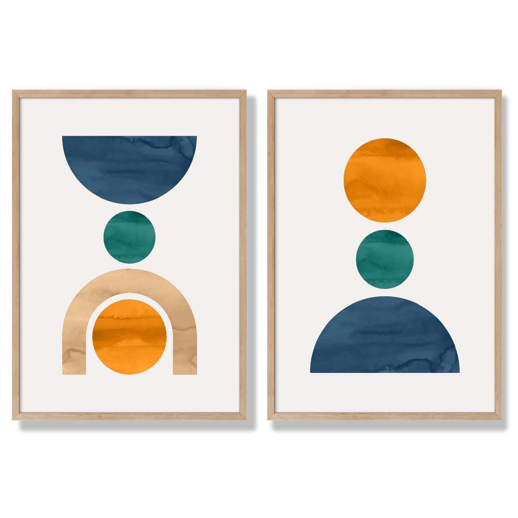 Sage Green Geometric Pineapple Fruit Set of 2 Art Prints with Oak Frame