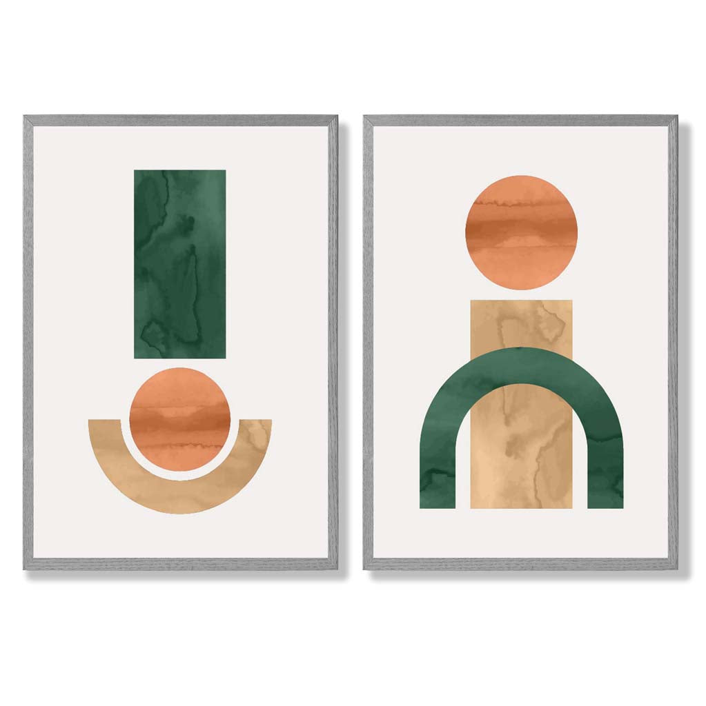 Sage Green Geometric Pineapple Fruit Set of 2 Art Prints with Light Grey Frame