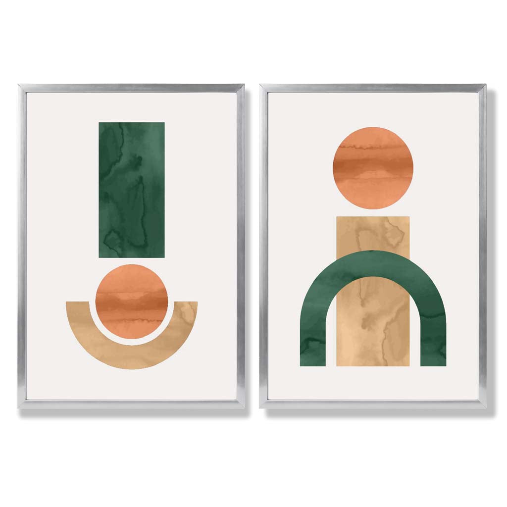 Sage Green Geometric Pineapple Fruit Set of 2 Art Prints with Silver Frame