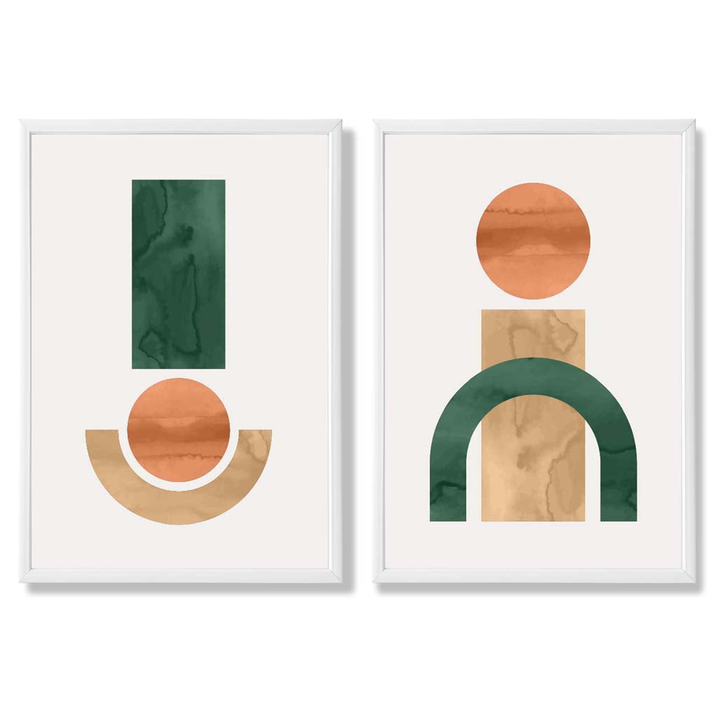 Sage Green Geometric Pineapple Fruit Set of 2 Art Prints with White Frame