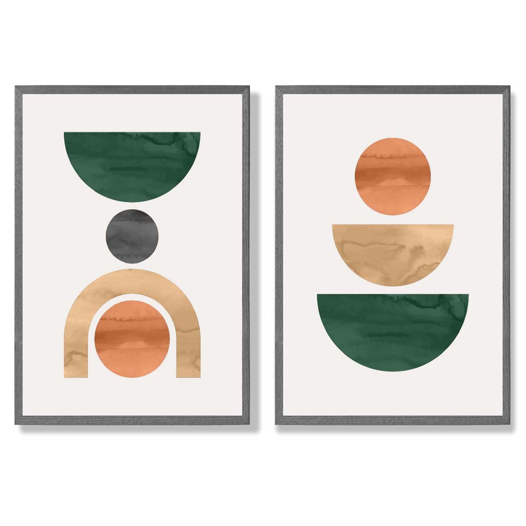 Sage Green Geometric Pineapple Fruit Set of 2 Art Prints with Dark Grey Frame