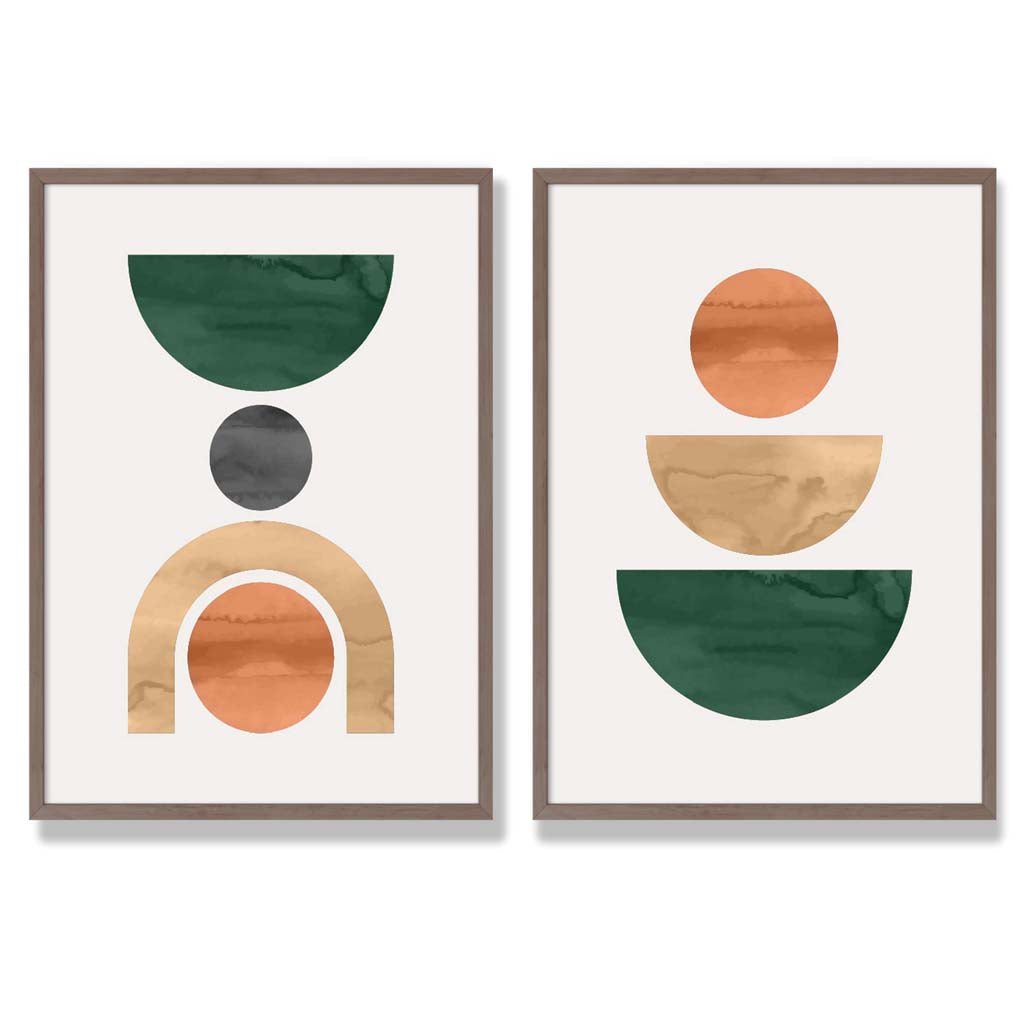 Sage Green Geometric Pineapple Fruit Set of 2 Art Prints with Walnut Frame