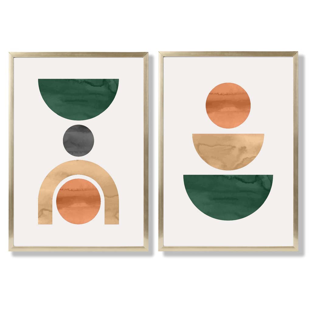 Sage Green Geometric Pineapple Fruit Set of 2 Art Prints with Gold Frame