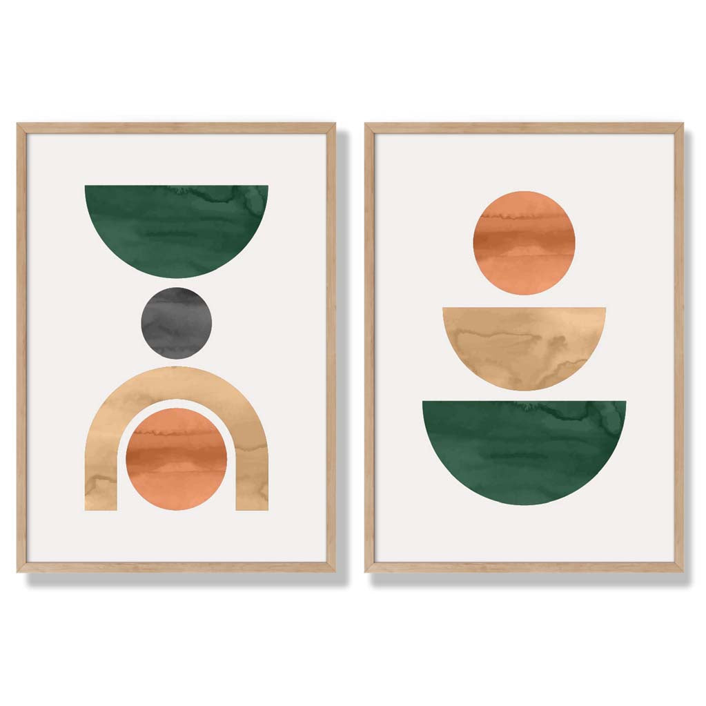 Sage Green Geometric Pineapple Fruit Set of 2 Art Prints with Oak Frame