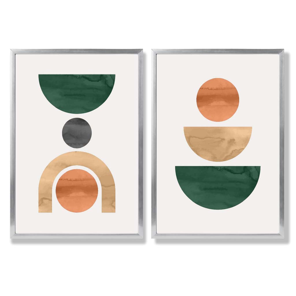 Sage Green Geometric Pineapple Fruit Set of 2 Art Prints with Silver Frame
