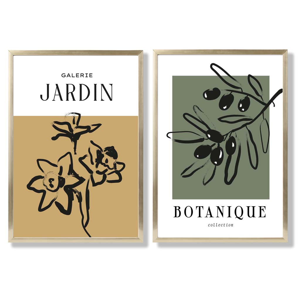 Sage Green Geometric Pineapple Fruit Set of 2 Art Prints with Gold Frame