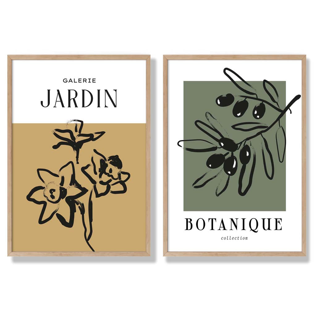 Sage Green Geometric Pineapple Fruit Set of 2 Art Prints with Oak Frame