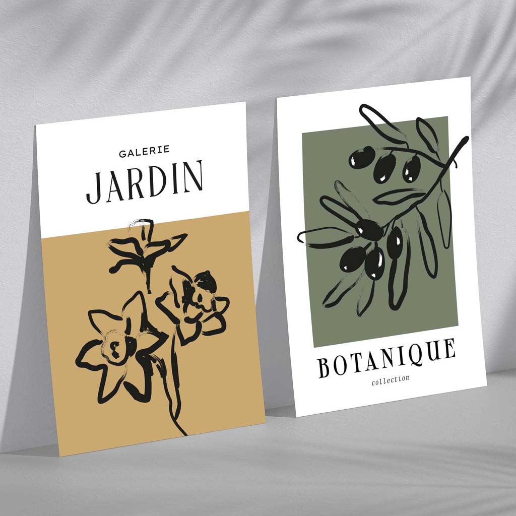 Green and Ochre Minimal Floral Sketch Set of 2 Art Prints