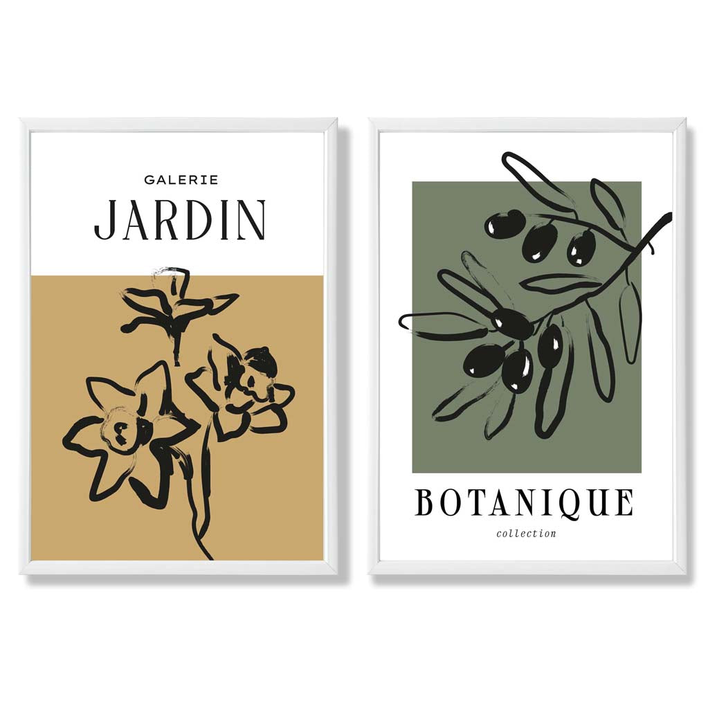 Sage Green Geometric Pineapple Fruit Set of 2 Art Prints with White Frame