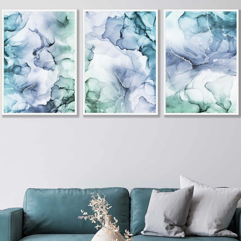 Set of 3 Abstract floral teal, purple & green prints