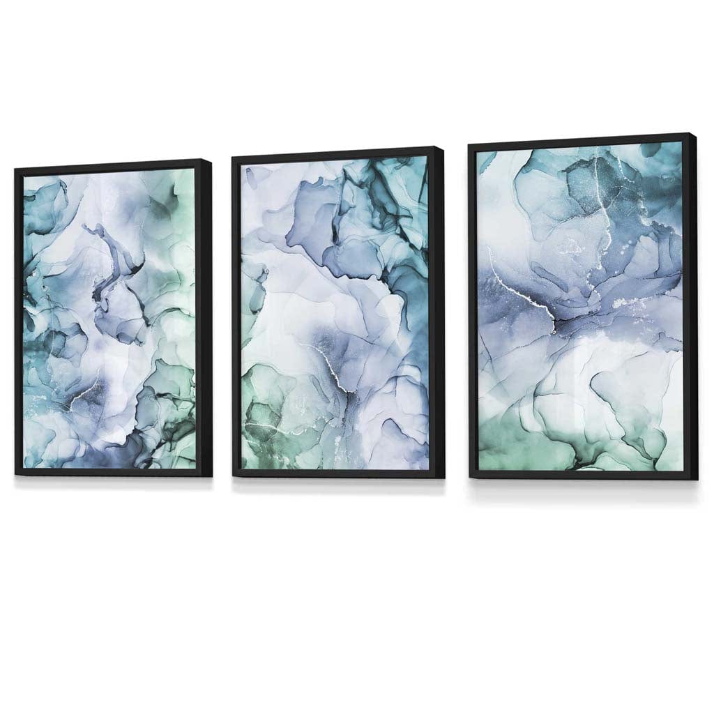 Set of 3 Abstract Floral Fluid in Blue Green and Purple Framed Wall Art | Artze Wall Art UK