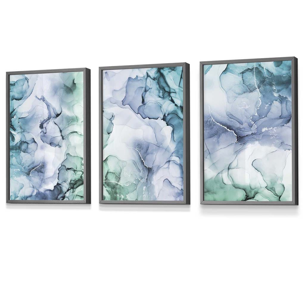 Set of 3 Abstract Floral Fluid in Blue Green and Purple Framed Wall Art | Artze Wall Art UK