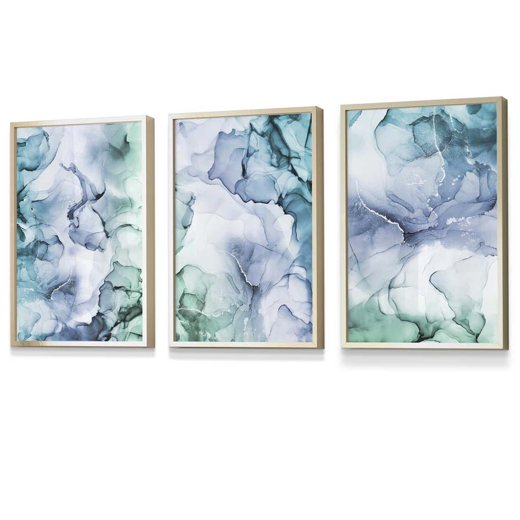 Set of 3 Abstract Floral Fluid in Blue Green and Purple Framed Wall Art | Artze Wall Art UK
