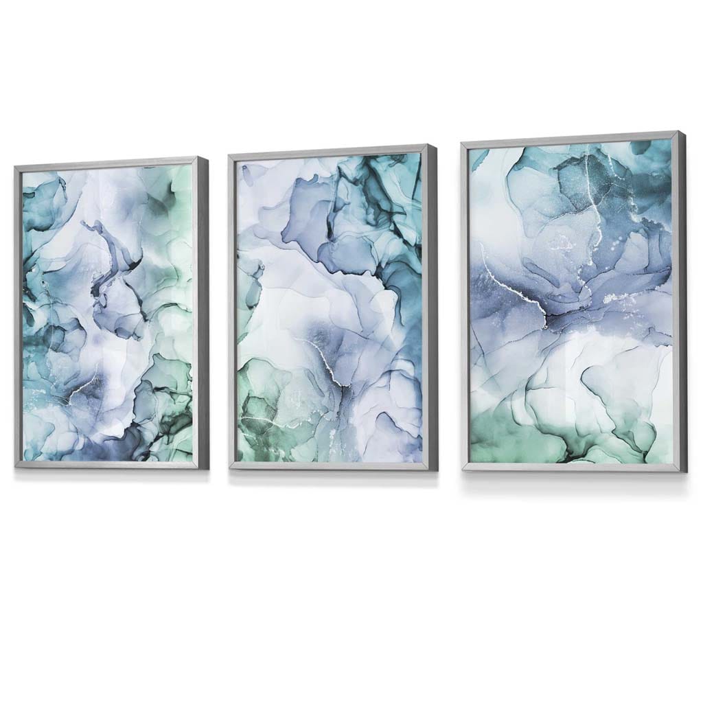 Set of 3 Abstract Floral Fluid in Blue Green and Purple Framed Wall Art | Artze Wall Art UK