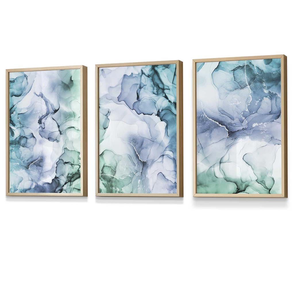 Set of 3 Abstract Floral Fluid in Blue Green and Purple Framed Wall Art | Artze Wall Art UK