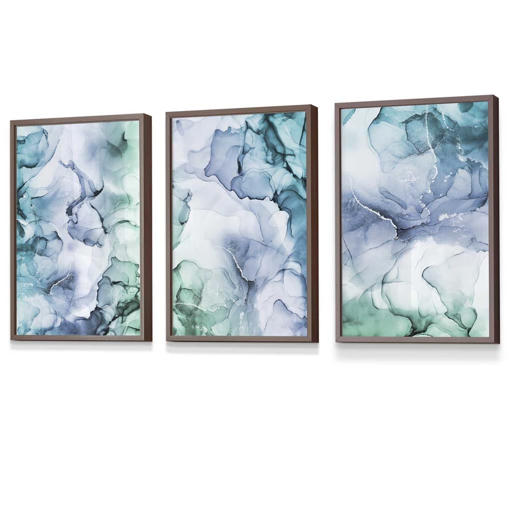 Set of 3 Abstract Floral Fluid in Blue Green and Purple Framed Wall Art | Artze Wall Art UK
