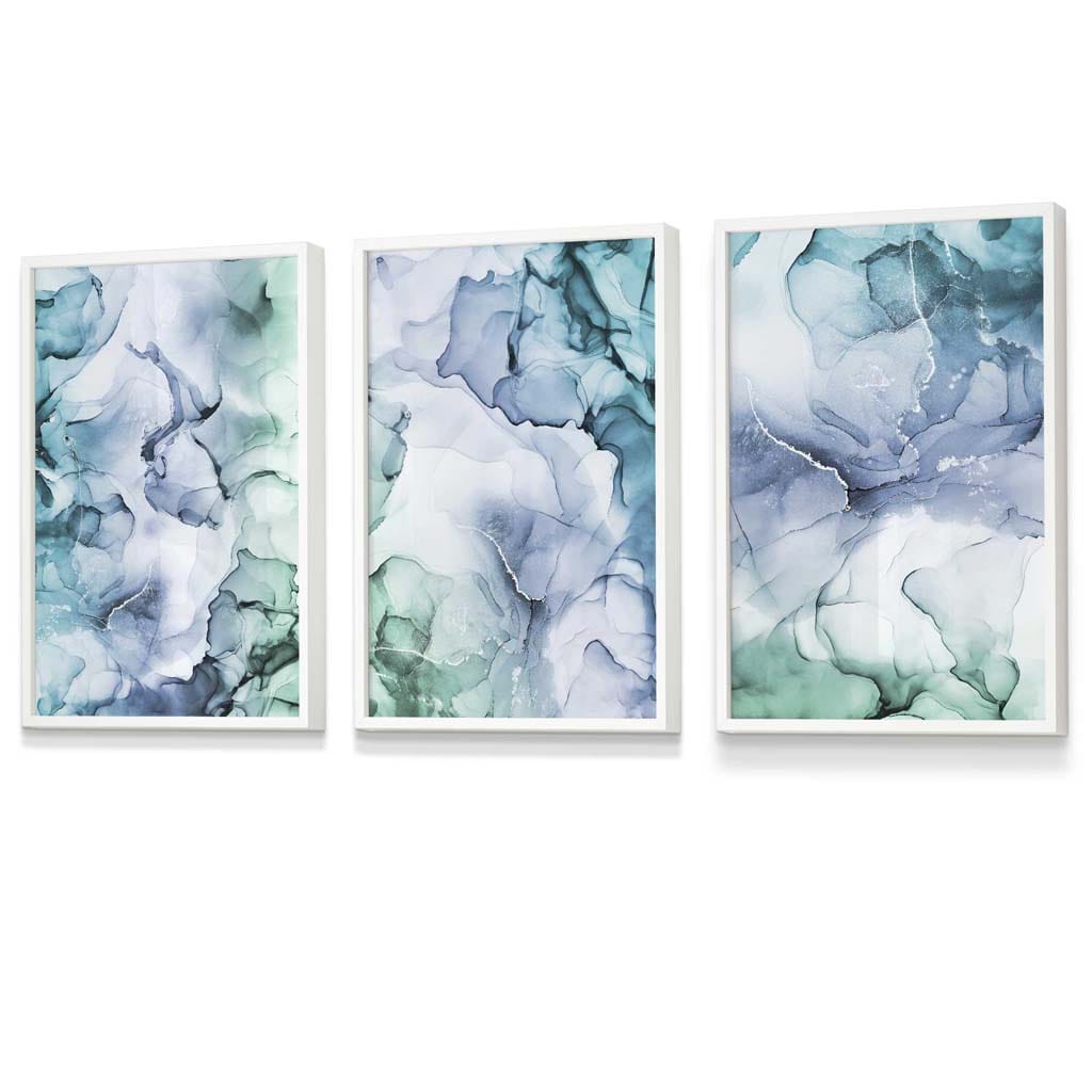 Set of 3 Abstract Floral Fluid in Blue Green and Purple Framed Wall Art | Artze Wall Art UK