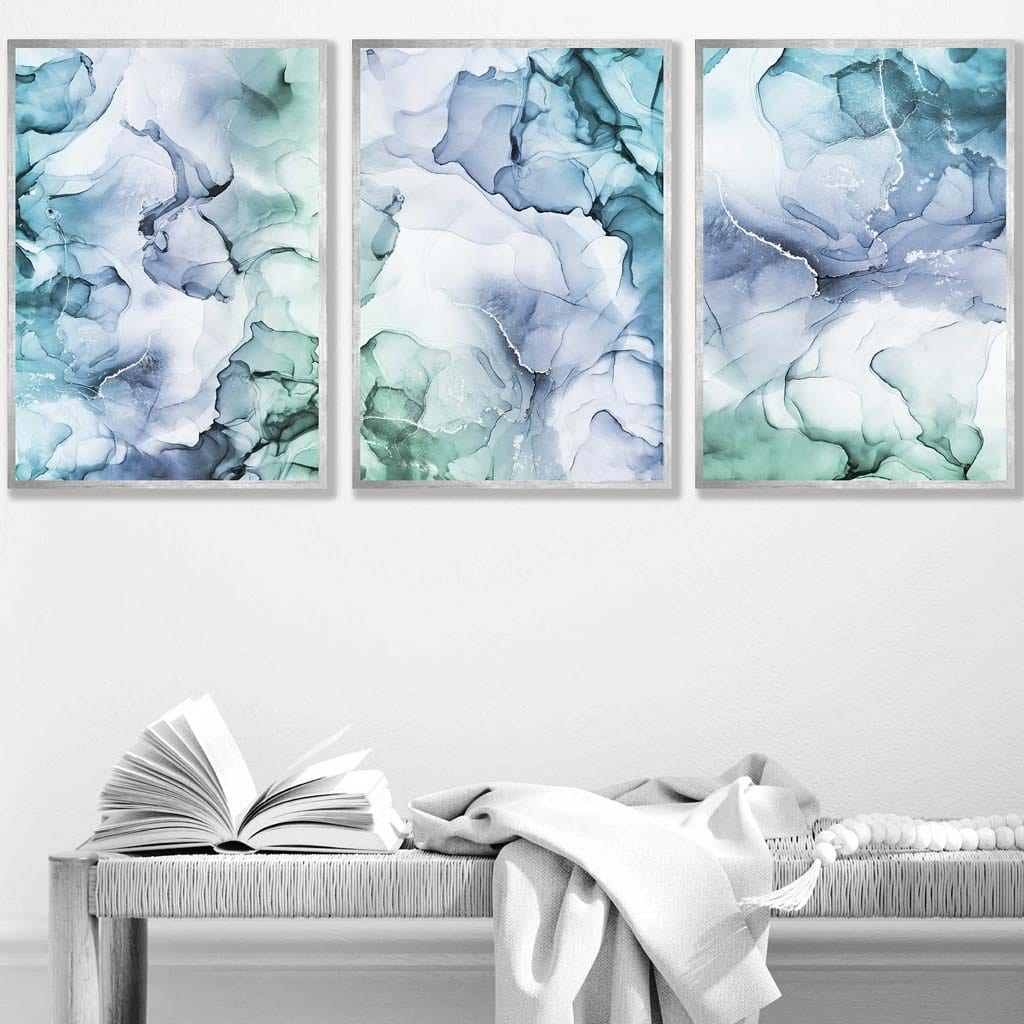 Set of 3 Abstract floral teal, purple & green prints
