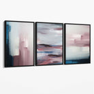 Set of 3 Navy & Blush Pink Abstract  Canvas Art Prints with Black Float Frame