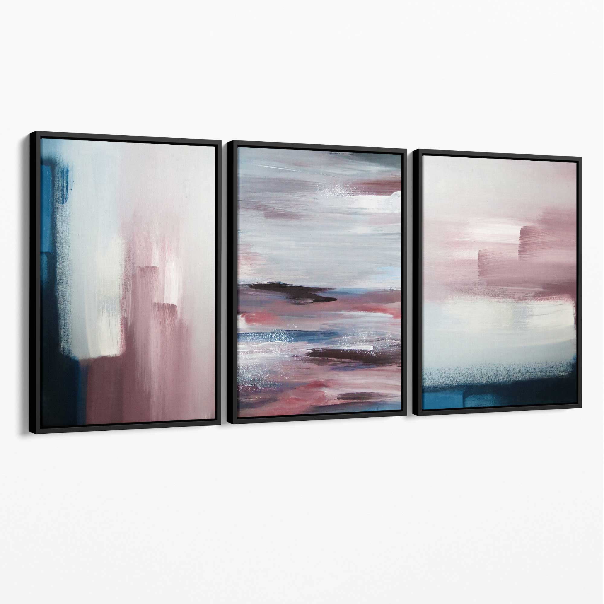 Set of 3 Navy & Blush Pink Abstract  Canvas Art Prints with Black Float Frame