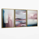 Set of 3 Navy & Blush Pink Abstract  Canvas Art Prints with Gold Float Frame