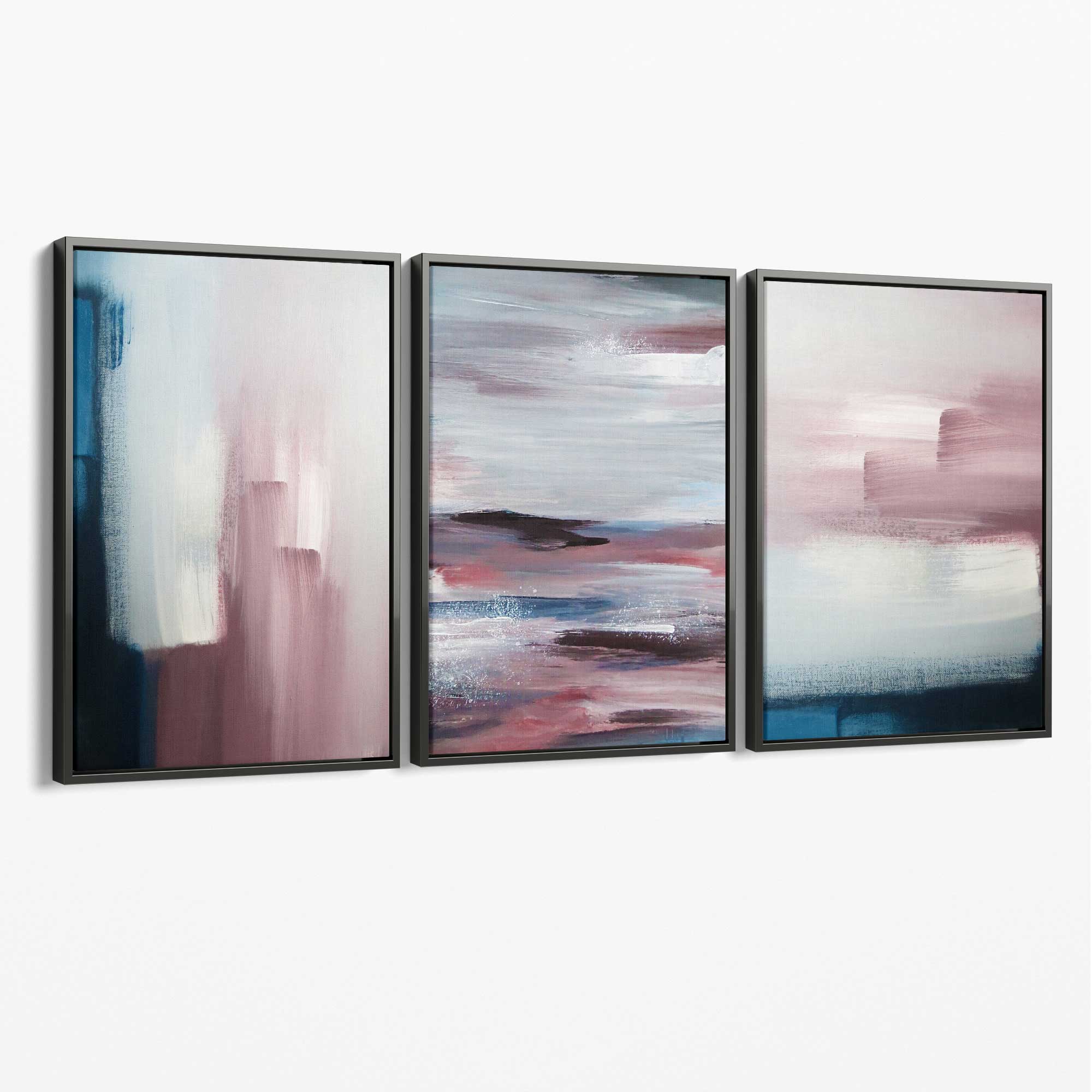 Set of 3 Navy & Blush Pink Abstract  Canvas Art Prints with Grey Float Frame