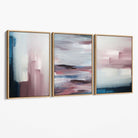 Set of 3 Navy & Blush Pink Abstract  Canvas Art Prints with Oak Float Frame